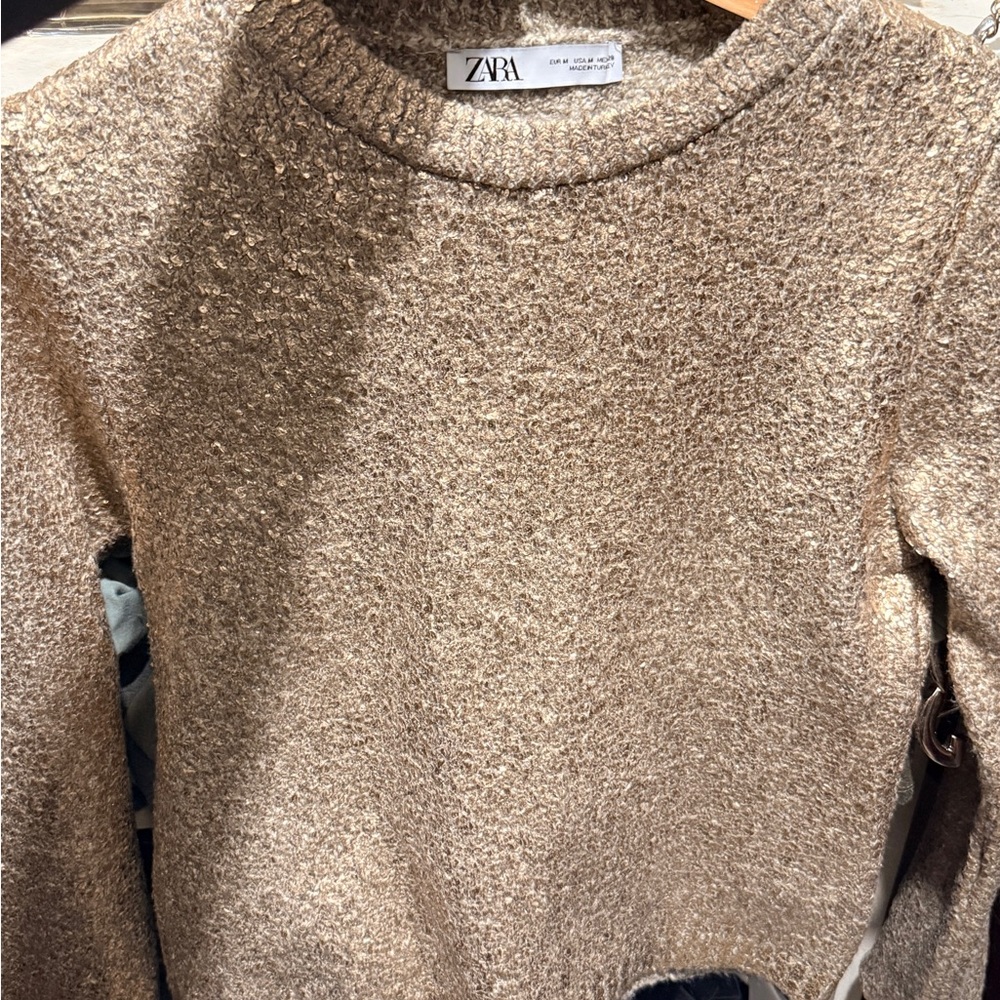 Zara Women's Textured Tan Crew Neck Sweater